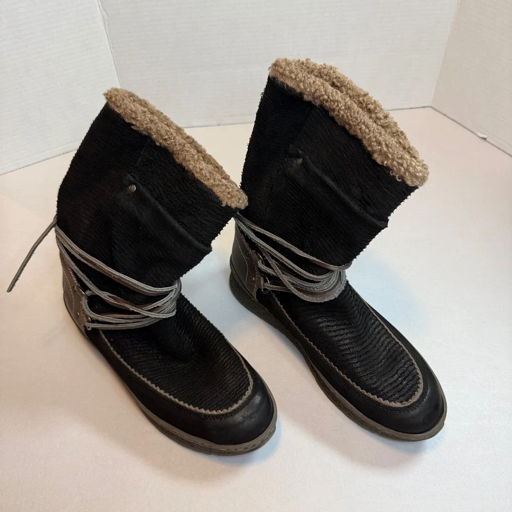 OTBT Womens Black Slope Faux Shearling Lined Winter Boots Mid Calf Wrap Lace